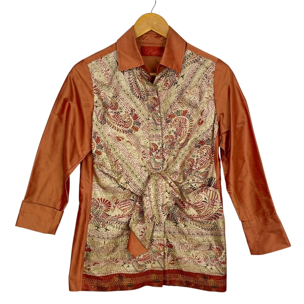 VTG Earthy Paisley Tie Front Button Up‎ Statement Top Womens S Artsy Boho Office
